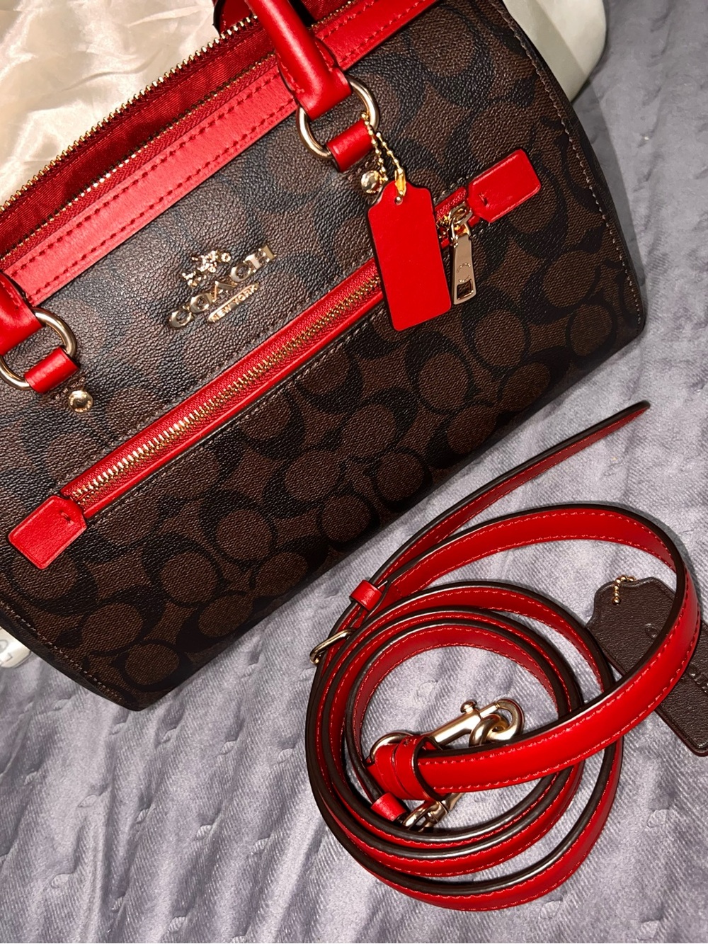 Coach Brown Signature Satchel with Red Leather Accents